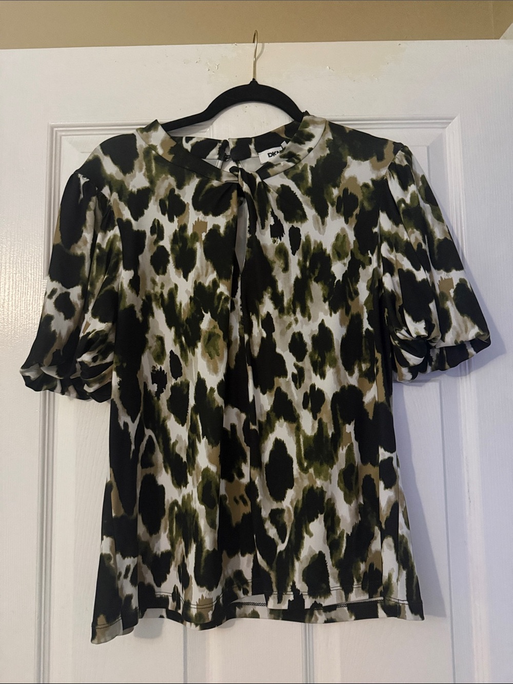 DKNY Olive and Black Leopard-Print Tie-Neck Blouse